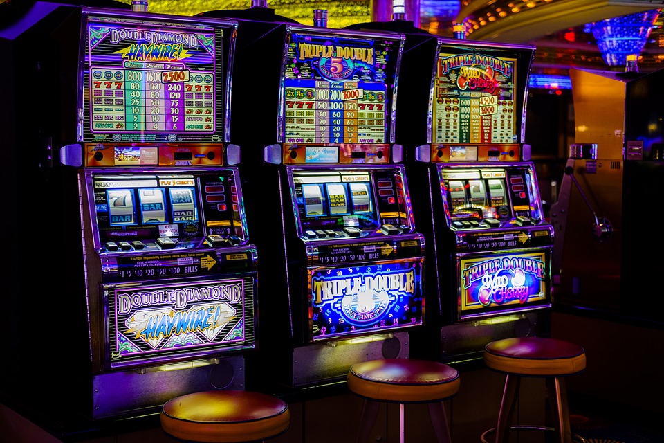 A bank of slots machines in a casino.